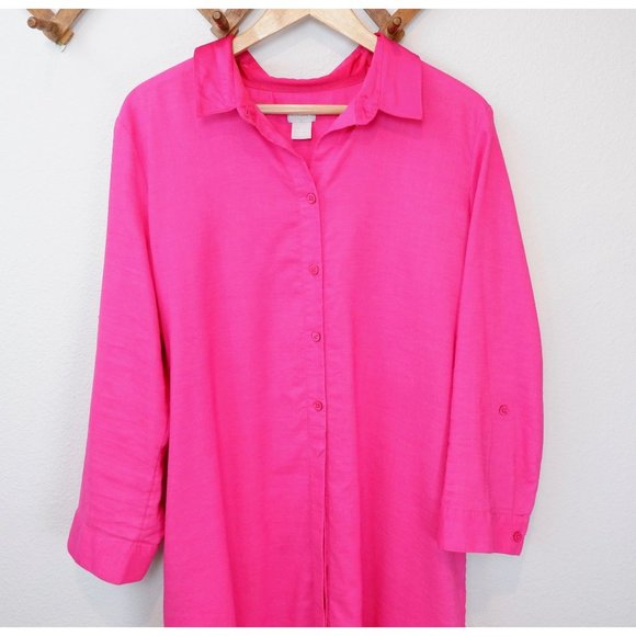 Chico's Womens Pink Linen Blend Satin Collared & Belted Long Tunic Blouse, 16/18 - Picture 4 of 13